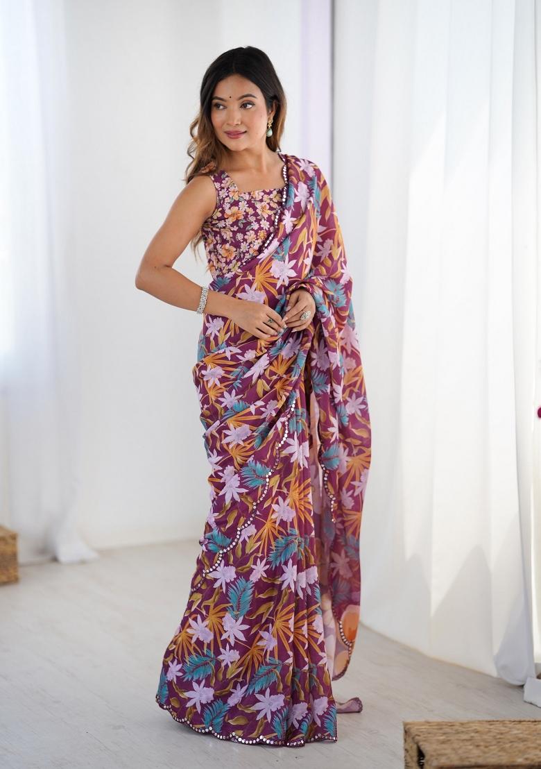 Wine Printed Heavy Chinnon Saree Set