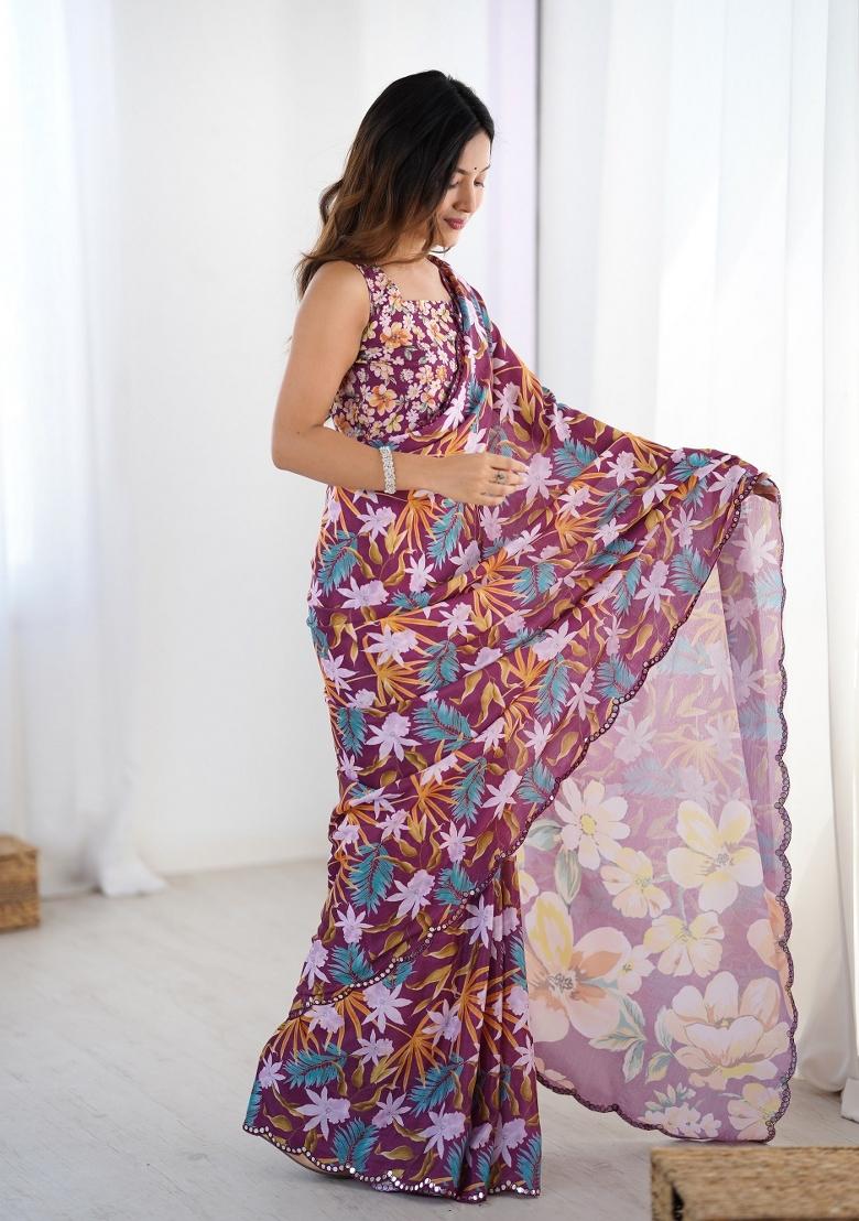 Wine Printed Heavy Chinnon Saree Set