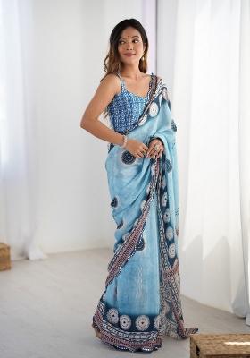 Sky Blue Printed Heavy Chinnon Saree Set