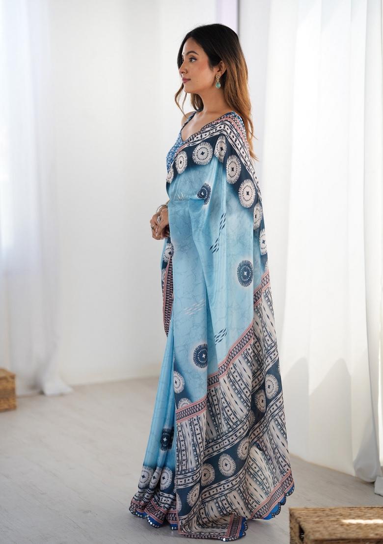 Sky Blue Printed Heavy Chinnon Saree Set