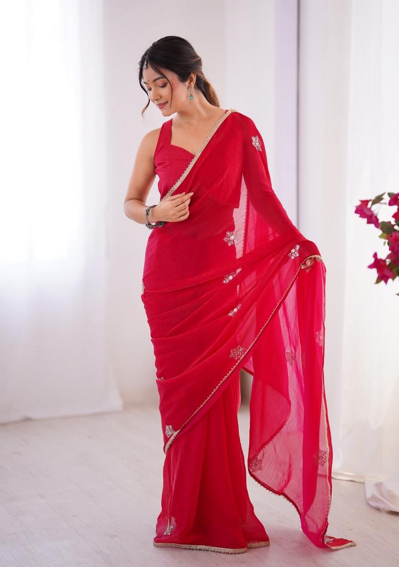 Red Embroidered Heavy Smooth Fandy Saree Set