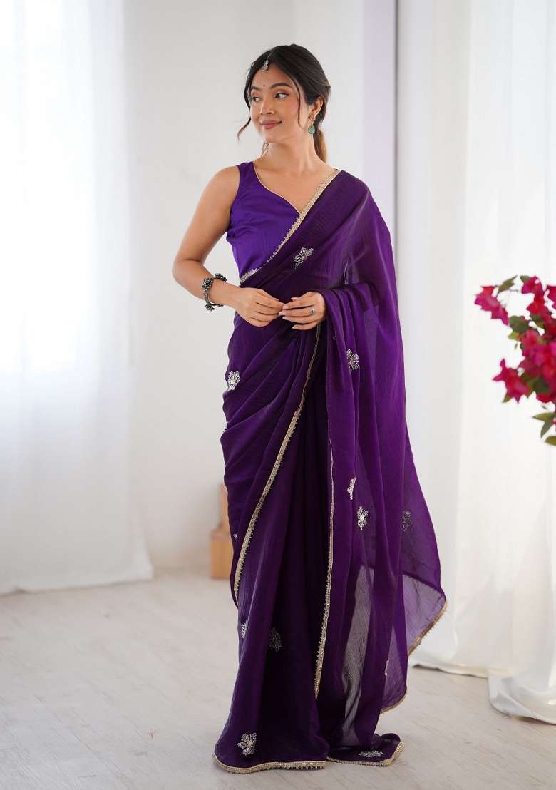 Purple Embroidered Heavy Smooth Fandy Saree Set - Indya