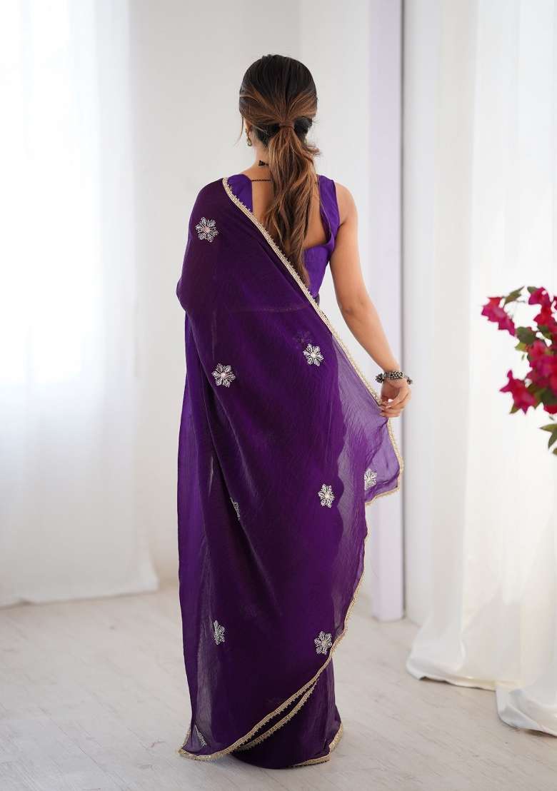 Purple Embroidered Heavy Smooth Fandy Saree Set - Indya