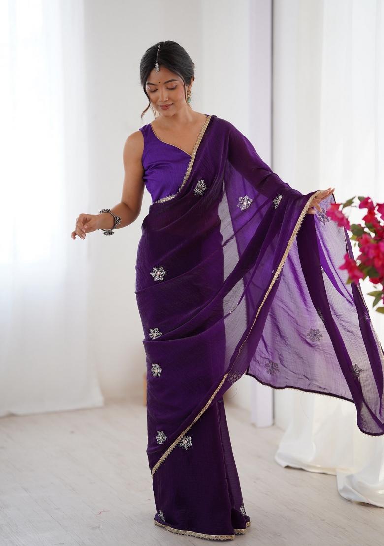 Purple Embroidered Heavy Smooth Fandy Saree Set