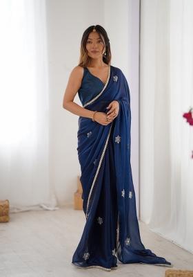 Petrol Blue Embroidered Heavy Smooth Fandy Saree Set