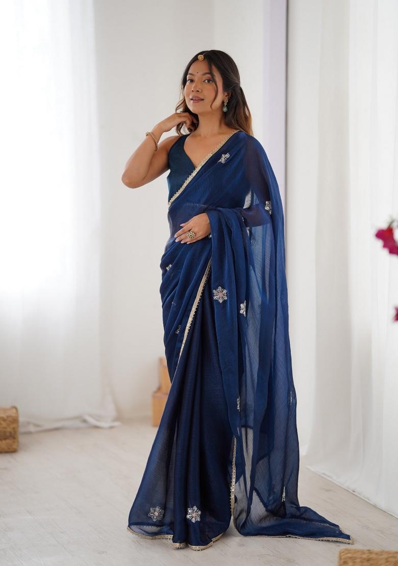 Petrol Blue Embroidered Heavy Smooth Fandy Saree Set