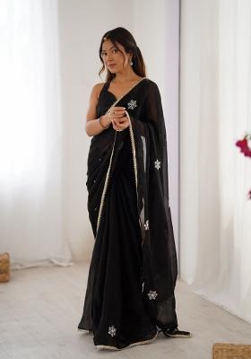 Black Embroidered Heavy Smooth Fandy Saree Set