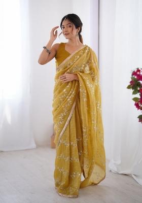 Yellow Embroidered Heavy Smooth Gold Crush Fabric Saree Set