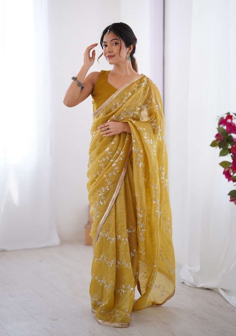 Yellow Embroidered Heavy Smooth Gold Crush Fabric Saree Set - Indya