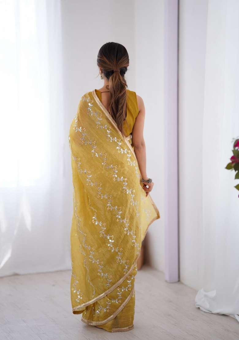 Yellow Embroidered Heavy Smooth Gold Crush Fabric Saree Set - Indya