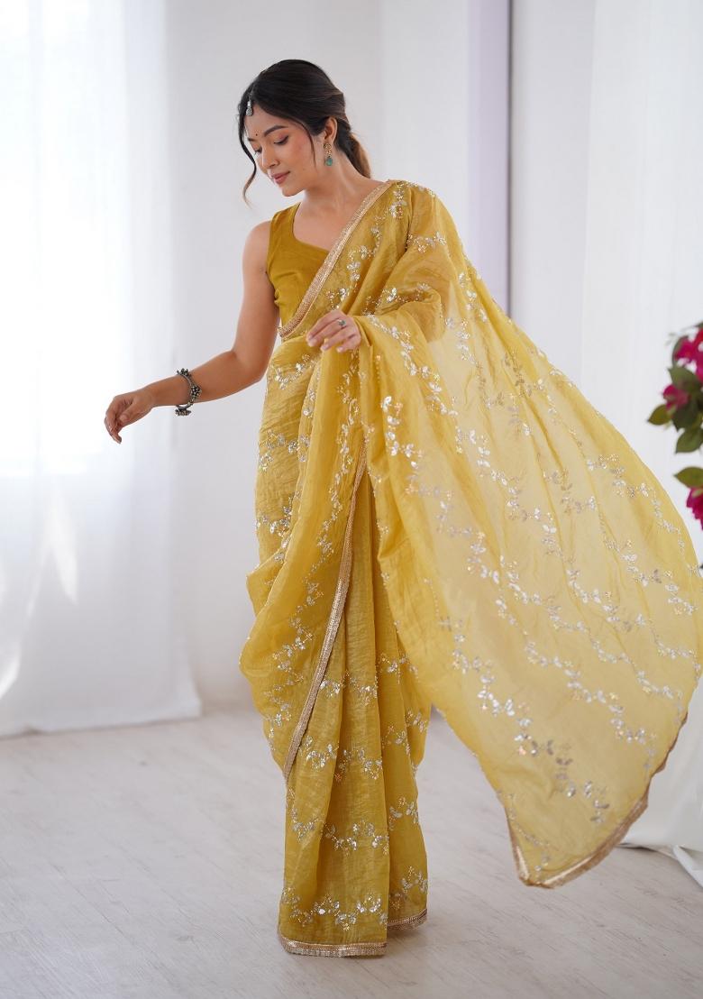 Yellow Embroidered Heavy Smooth Gold Crush Fabric Saree Set