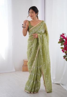 Pista Green Embroidered Heavy Smooth Gold Crush Fabric Saree Set