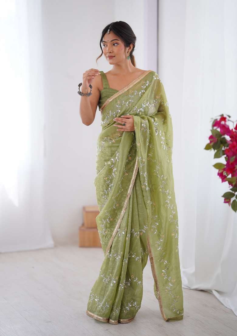 Pista Green Embroidered Heavy Smooth Gold Crush Fabric Saree Set - Indya