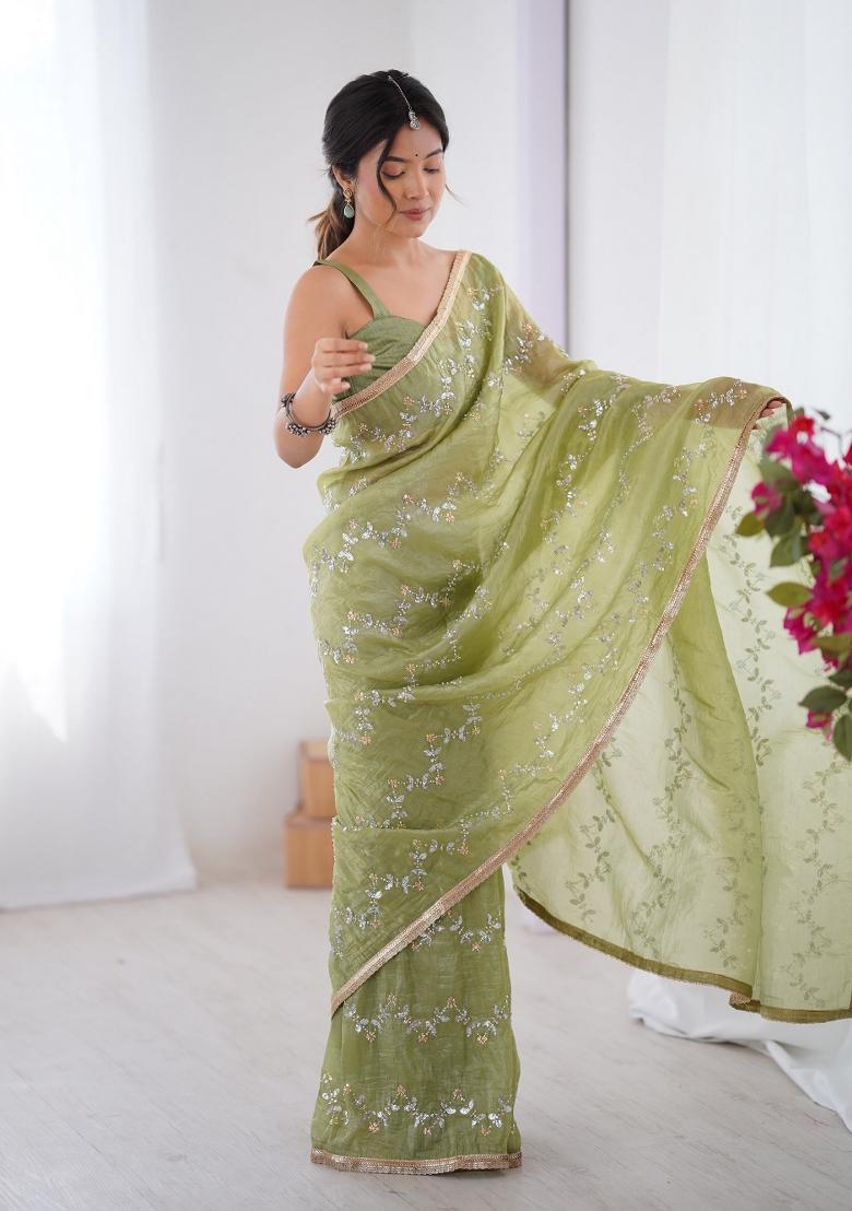 Pista Green Embroidered Heavy Smooth Gold Crush Fabric Saree Set