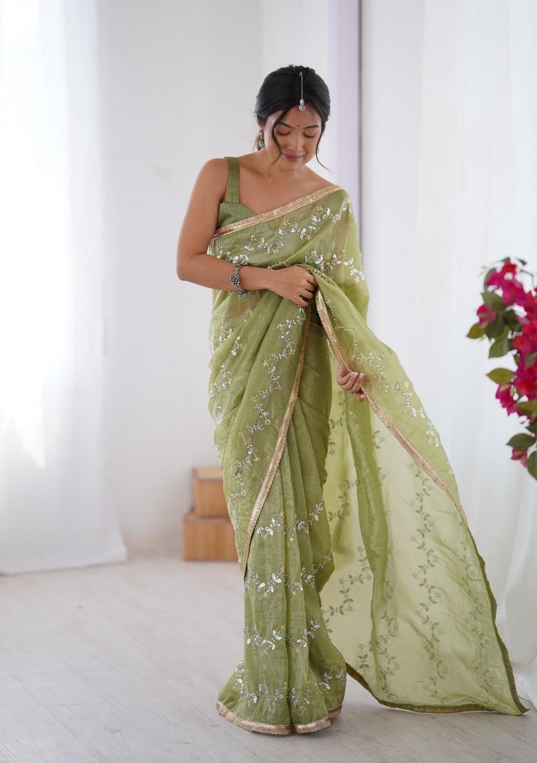 Pista Green Embroidered Heavy Smooth Gold Crush Fabric Saree Set