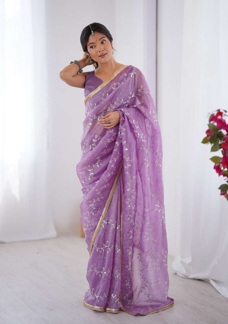 Onion Pink Embroidered Heavy Smooth Gold Crush Fabric Saree Set - Indya