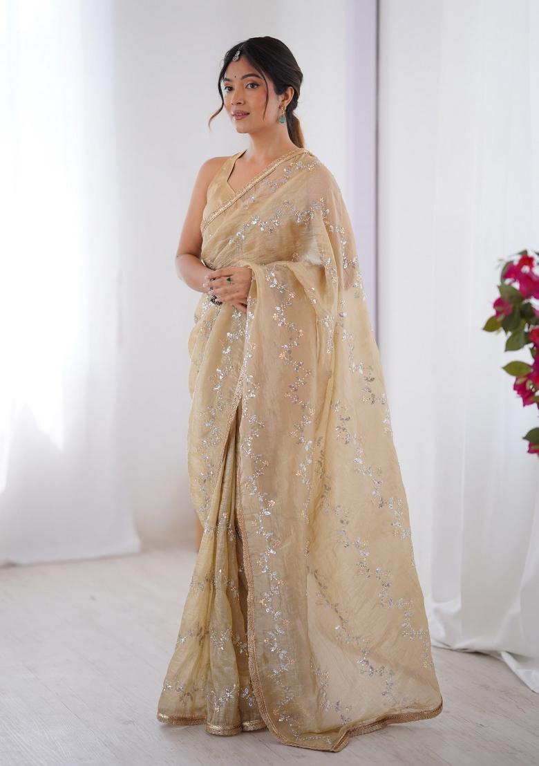 Golden Embroidered Heavy Smooth Gold Crush Fabric Saree Set