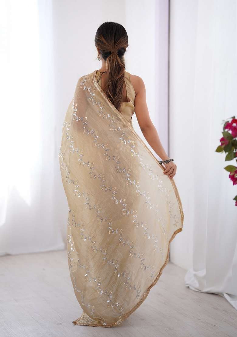Golden Embroidered Heavy Smooth Gold Crush Fabric Saree Set - Indya