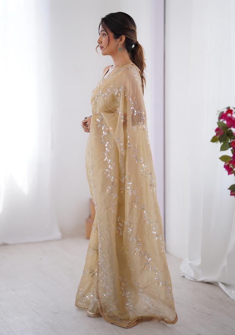 Golden Embroidered Heavy Smooth Gold Crush Fabric Saree Set