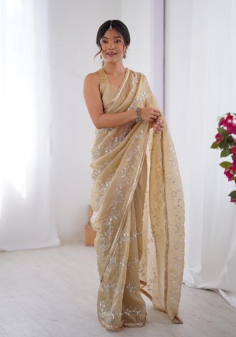 Golden Embroidered Heavy Smooth Gold Crush Fabric Saree Set