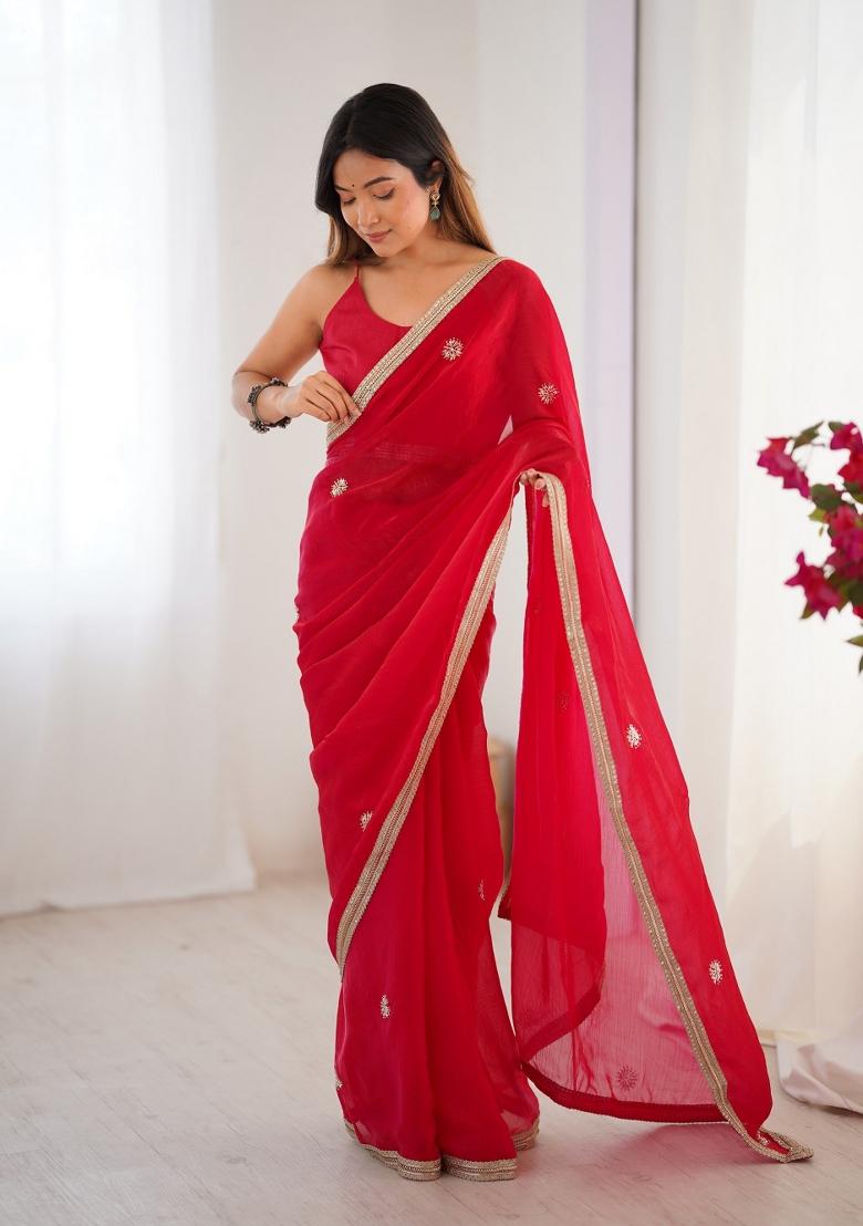 Red Embroidered Heavy Smooth Fandy Saree Set