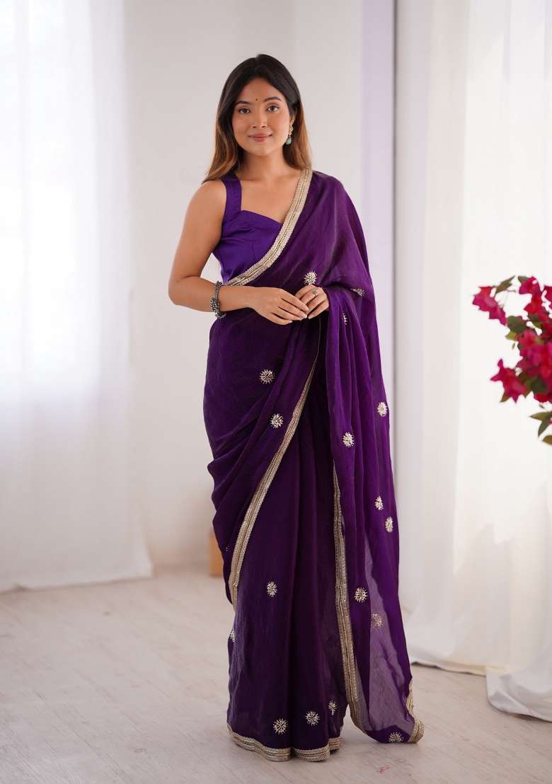 Purple Embroidered Heavy Smooth Fandy Saree Set - Indya