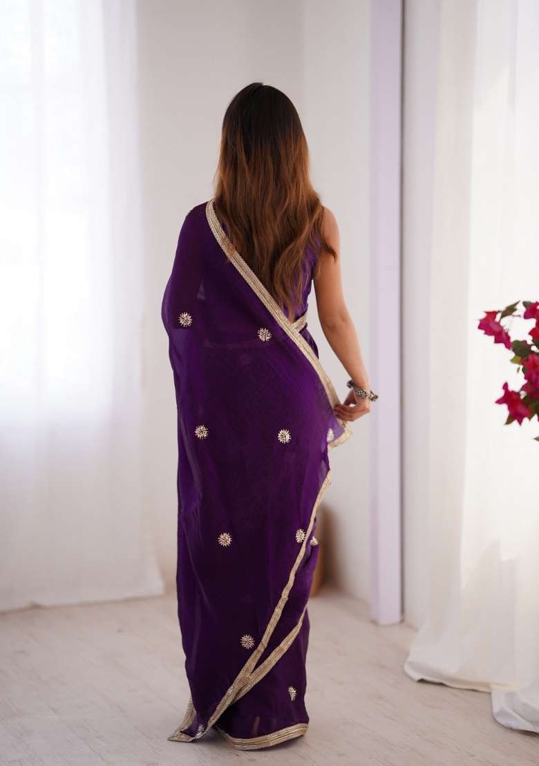 Purple Embroidered Heavy Smooth Fandy Saree Set - Indya
