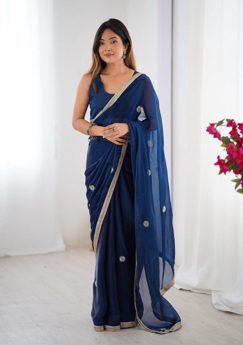 Blue Embroidered Heavy Smooth Fandy Saree Set