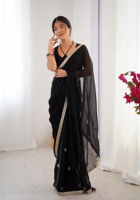 Black Embroidered Heavy Smooth Fandy Saree Set