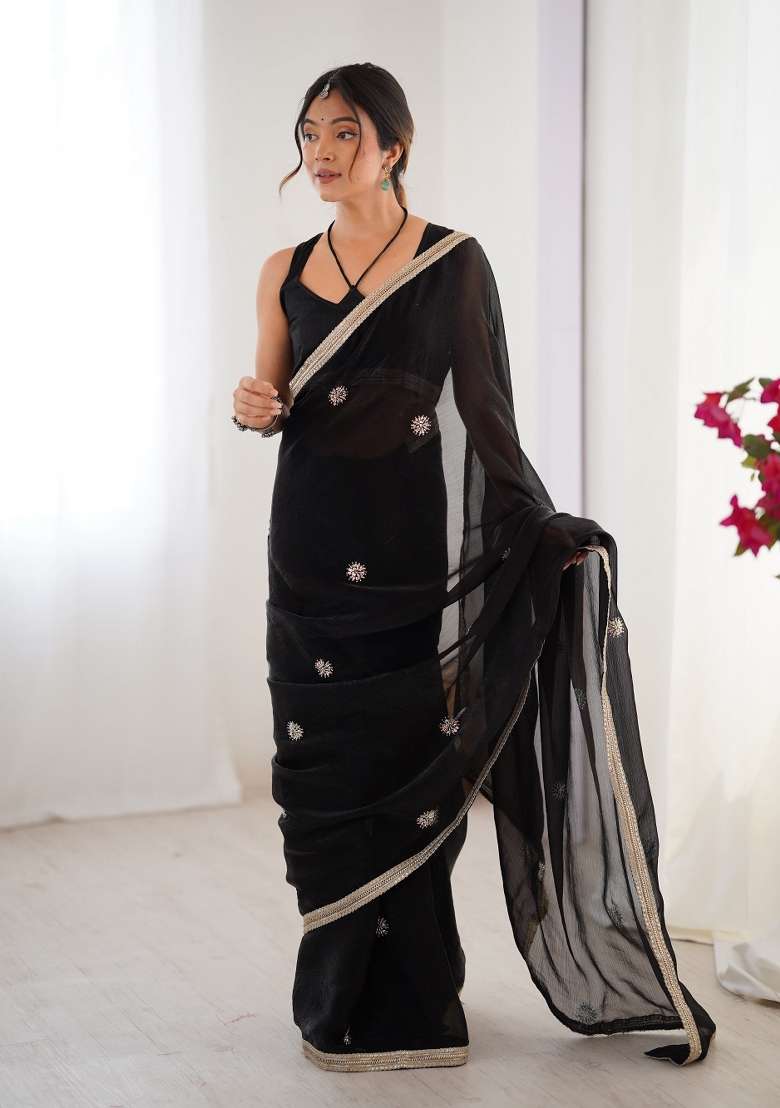 Black Embroidered Heavy Smooth Fandy Saree Set - Indya