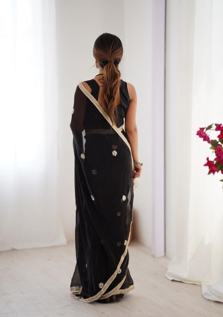 Black Embroidered Heavy Smooth Fandy Saree Set