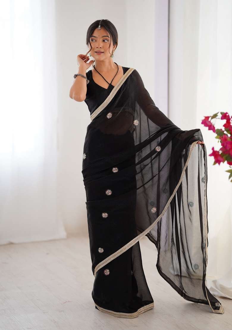 Black Embroidered Heavy Smooth Fandy Saree Set - Indya