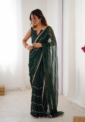 Green Embroidered Smooth Sitara Saree Set