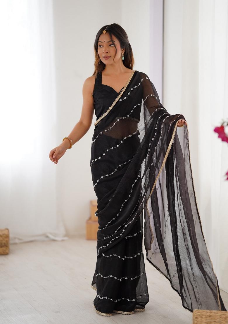 Black Embroidered Smooth Sitara Saree Set