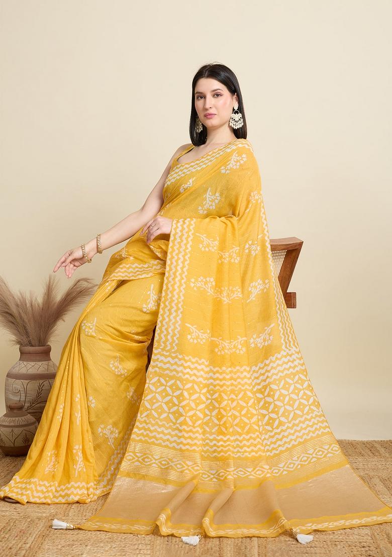 Yellow Sequence Semi Cotton Saree Set