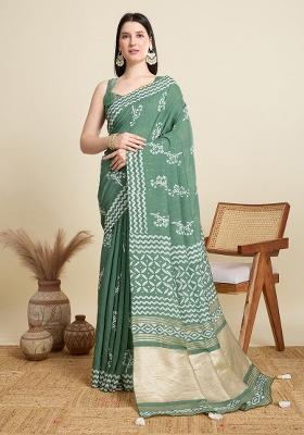 Pista Green Sequence Semi Cotton Saree Set