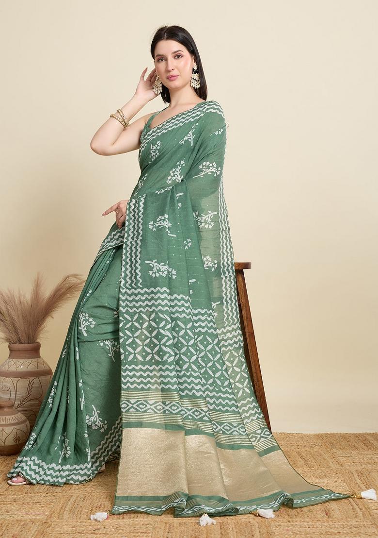 Pista Green Sequence Semi Cotton Saree Set