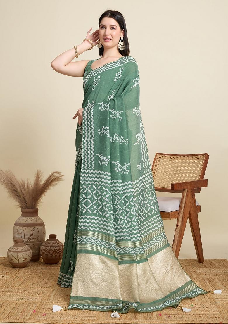Pista Green Sequence Semi Cotton Saree Set