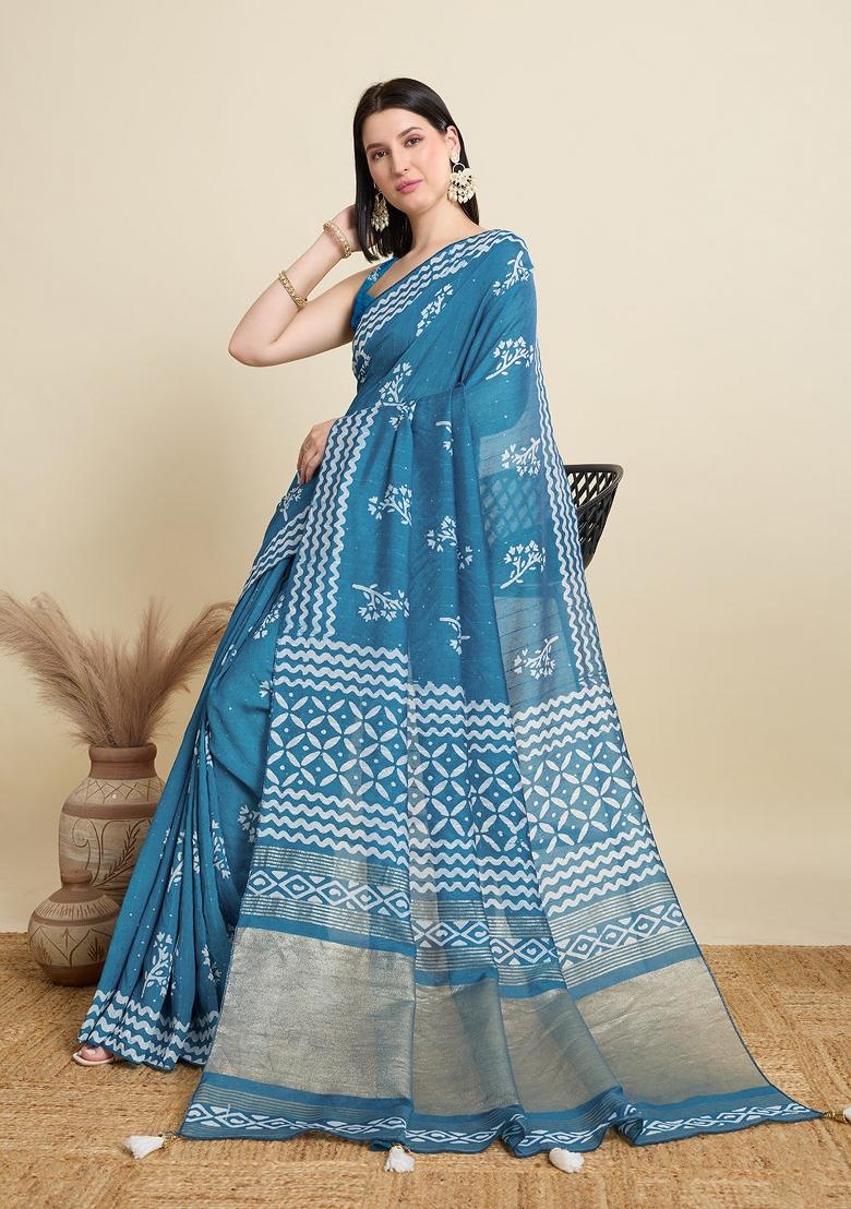 Blue Sequence Semi Cotton Saree Set