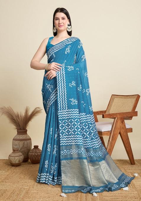 Blue Sequence Semi Cotton Saree Set — view on Indya