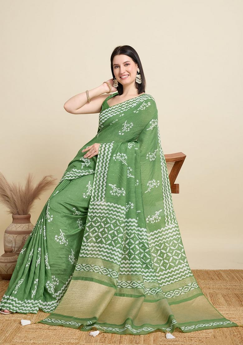 Green Sequence Semi Cotton Saree Set