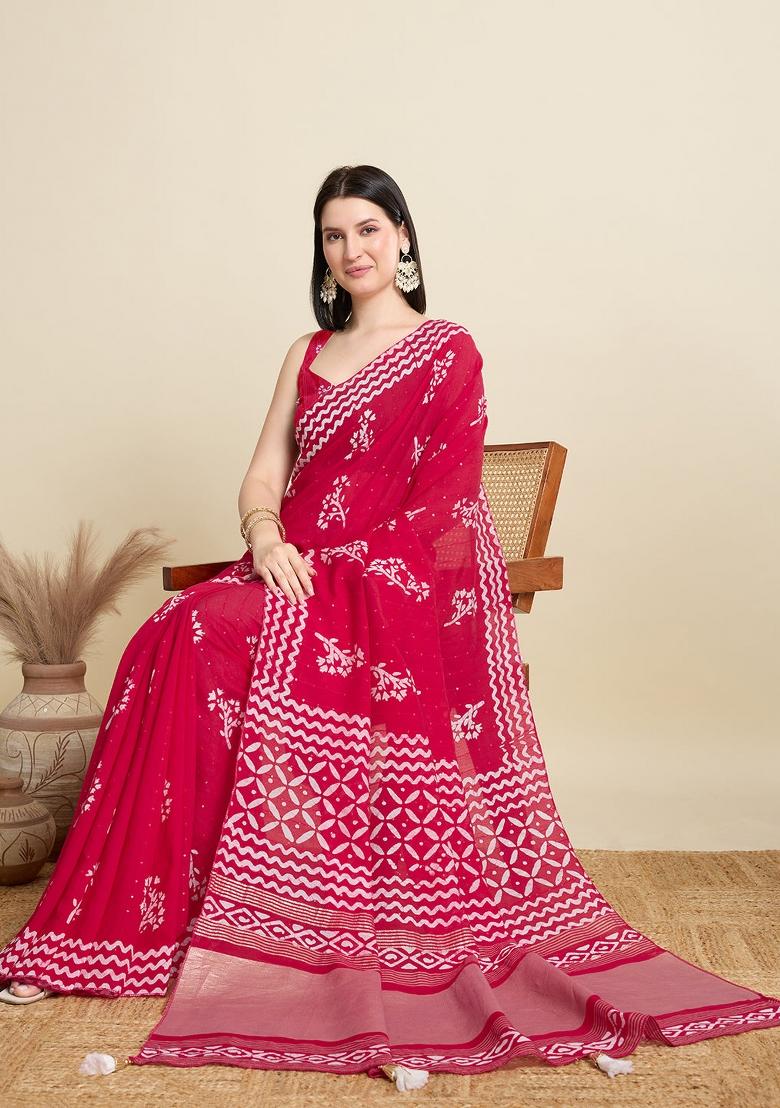 Red Sequence Semi Cotton Saree Set