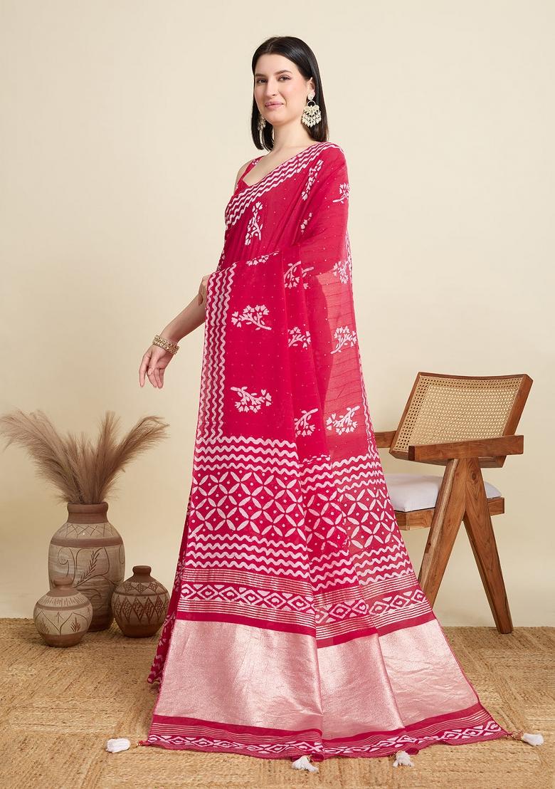 Red Sequence Semi Cotton Saree Set