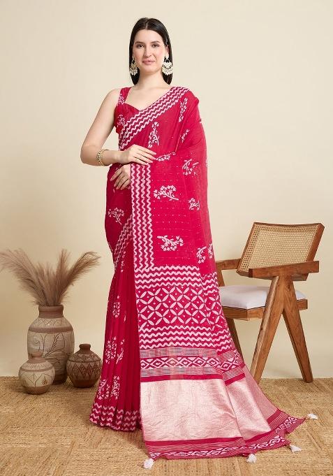 Red Sequence Semi Cotton Saree Set — view on Indya