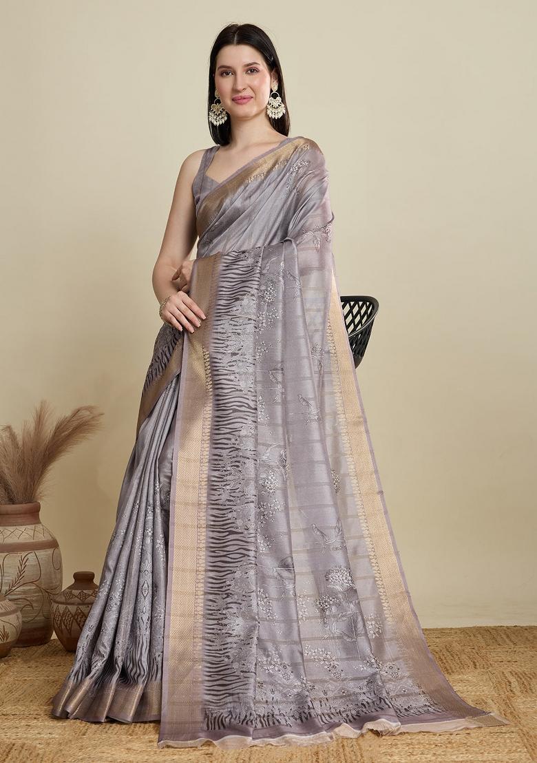 Grey Weaving Work Semi Cotton Saree Set