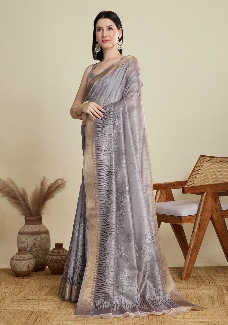 Grey Weaving Work Semi Cotton Saree Set