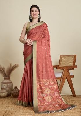 Rust Brown Weaving Work Semi Cotton Saree Set
