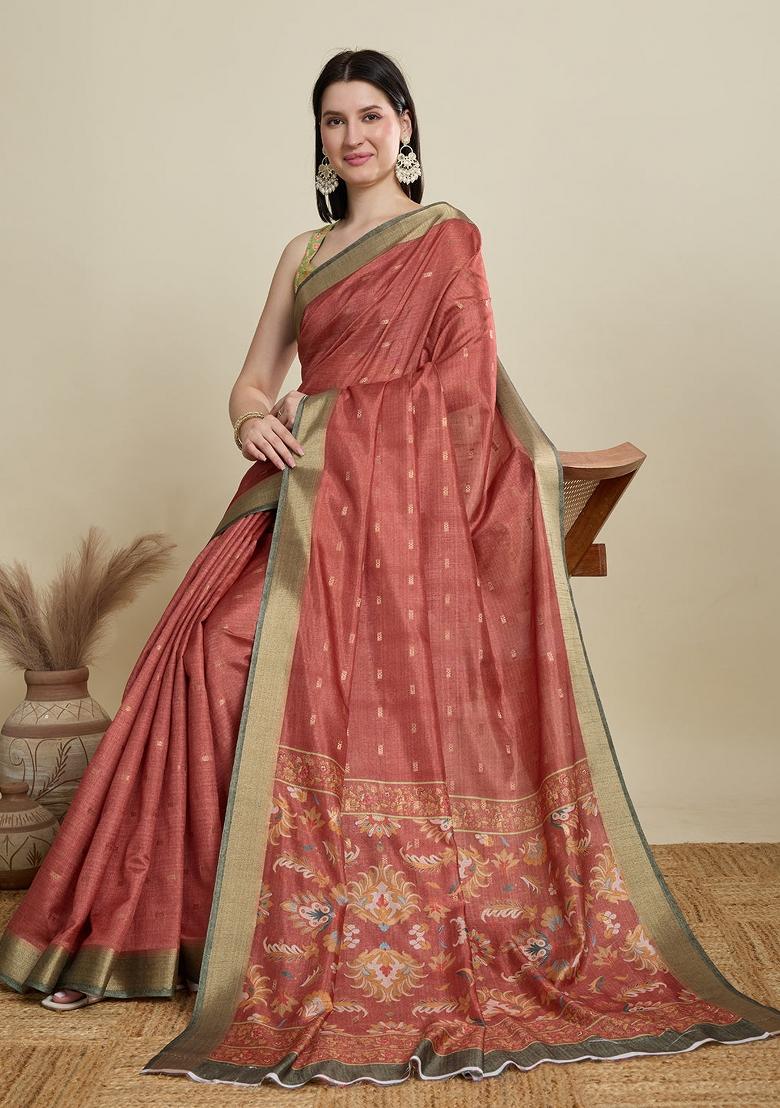 Rust Brown Weaving Work Semi Cotton Saree Set