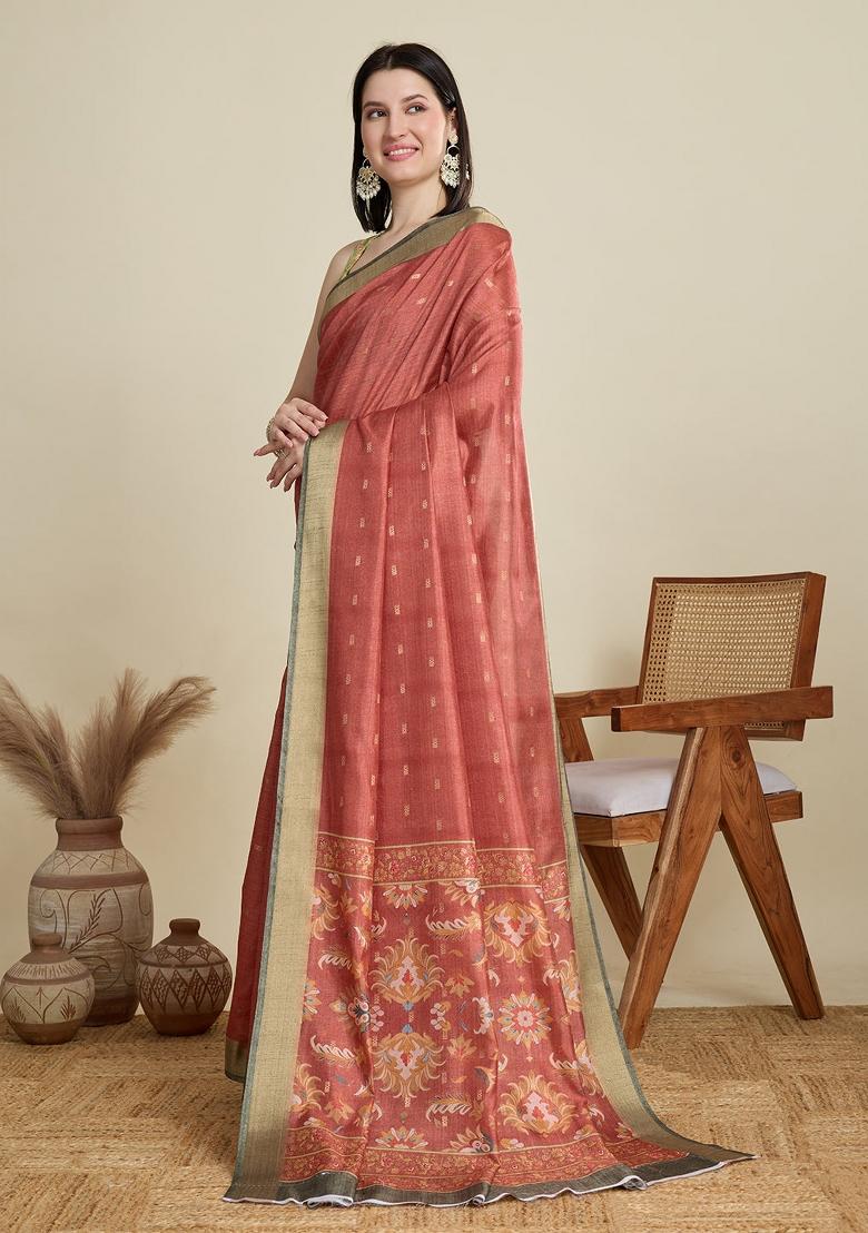 Rust Brown Weaving Work Semi Cotton Saree Set