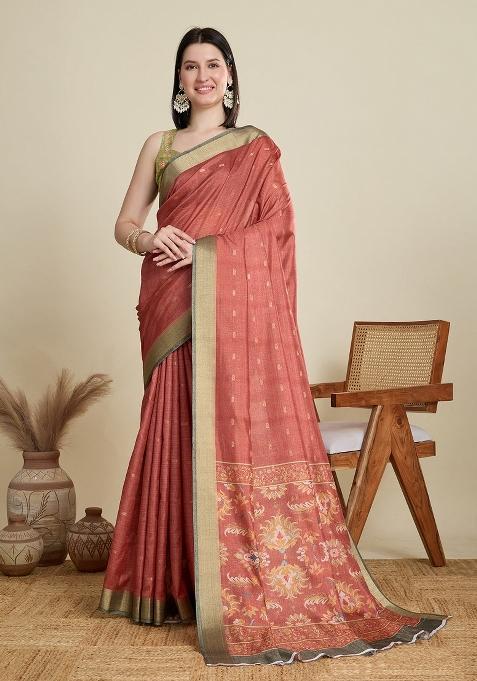 Rust Brown Weaving Work Semi Cotton Saree Set